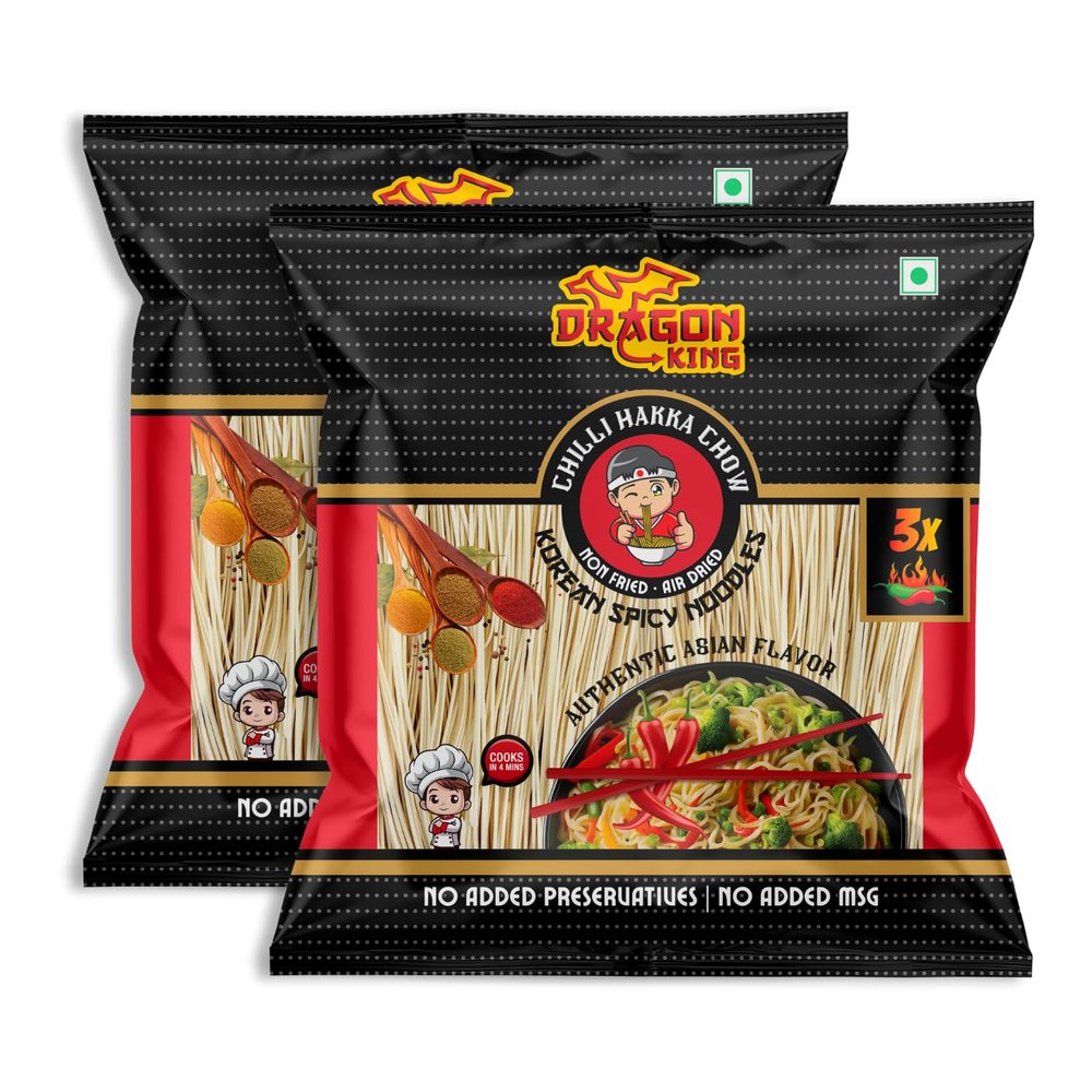 Dragon King Korean 3x Spicy Hakka Noodles with Masala & Seasoning Oil | Non Fried, Air Dried | No Palm Oil | No MSG | Serves 8 meals, 640g (Pack of 2)
