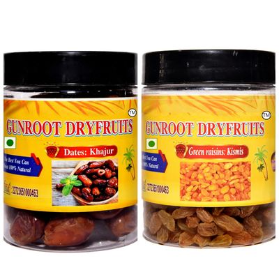 GUNROOT premium dates(khajur)800g,green raisins(kismis)800g combo pack total 1.600g