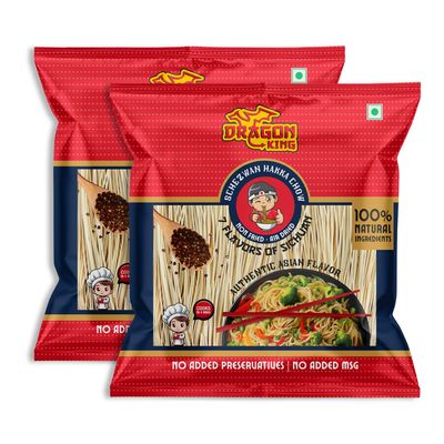 Dragon King Schezwan Hakka Noodles with Schezwan Sauce, Masala & Sichuan Oil | Non Fried, Air Dried | No Palm Oil, No MSG | Serves 8-10 meals, 720g (Pack of 2)