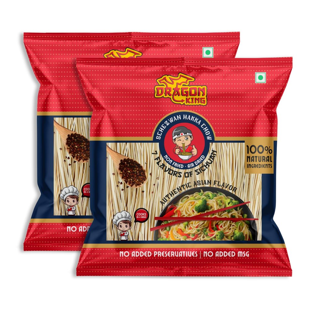 Dragon King Schezwan Hakka Noodles with Schezwan Sauce, Masala & Sichuan Oil | Non Fried, Air Dried | No Palm Oil, No MSG | Serves 8-10 meals, 720g (Pack of 2)