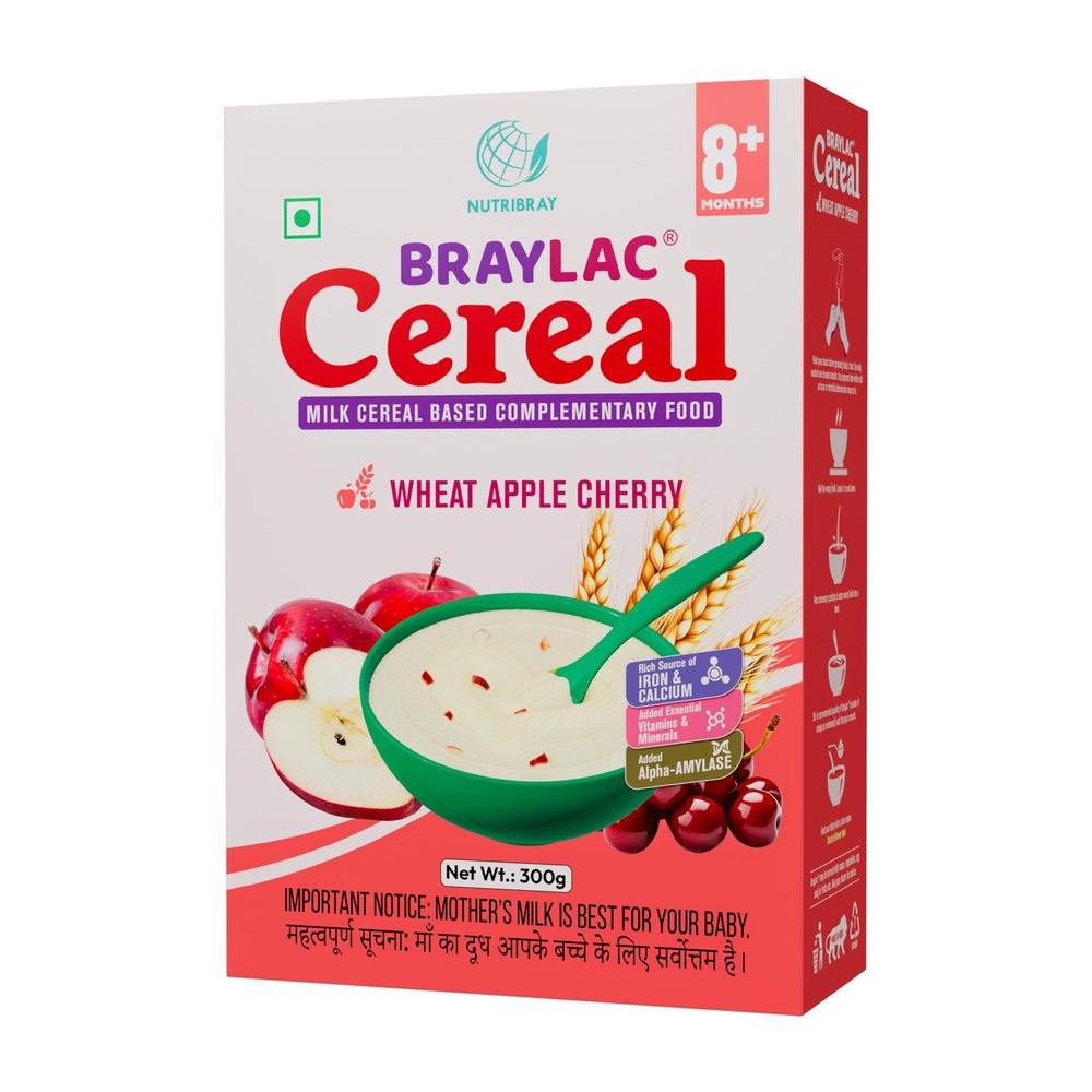 Braylac Cereal Wheat Apple Cherry - 300 gm for 8 to 24 Months Baby - Bag in Box