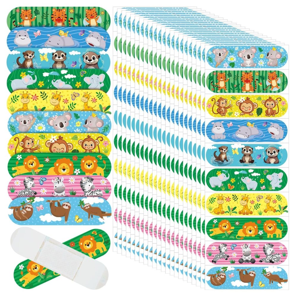 Ahamo Cartoon Bandaids for Kids - 100 Jungle Animal Adhesive Bandages | Waterproof Wound Protection with 10 Assorted Fun Designs | Skin-Friendly for Toddlers & Children