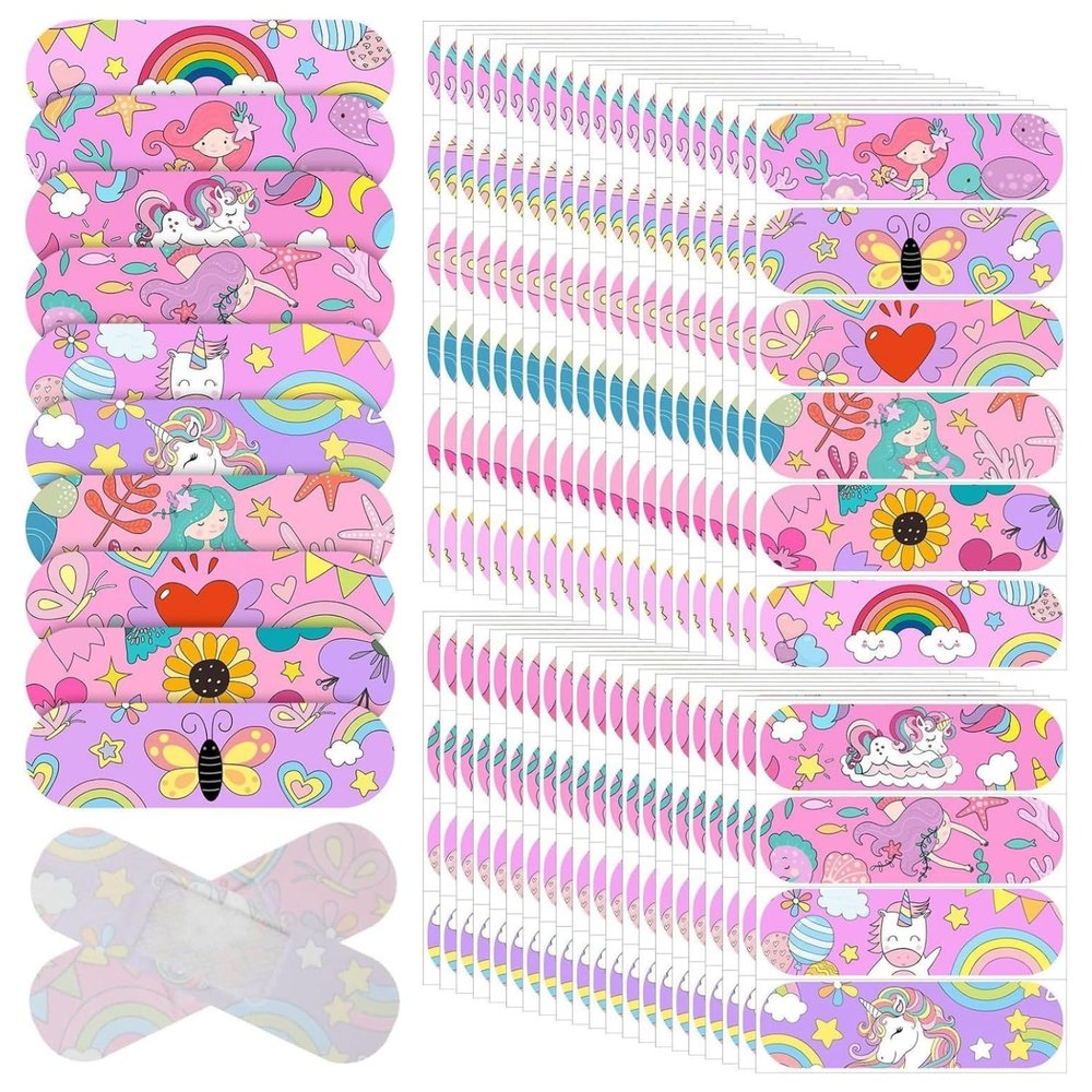 Ahamo Mermaid Cartoon Bandages for Kids - 100pcs Waterproof Adhesive Band-Aids with 10 Cute Designs | Skin-Friendly Wound Protection for Children