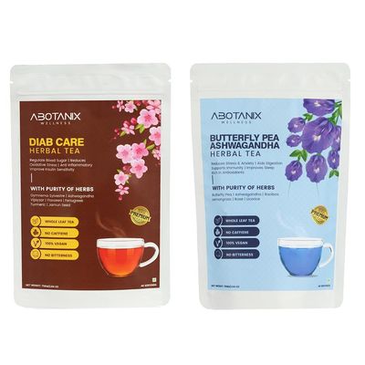 ABOTANIX WELLNESS Herbal Tea DIAB CARE + Butterfly Pea Ashwagandha | 75 g Each | Caffeine Free Natural Loose Tea Leaf