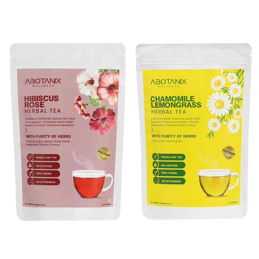ABOTANIX WELLNESS Herbal Tea Hibiscus Rose + Chamomile Lemongrass | 75 g Each | Caffeine Free Natural Loose Tea Leaf