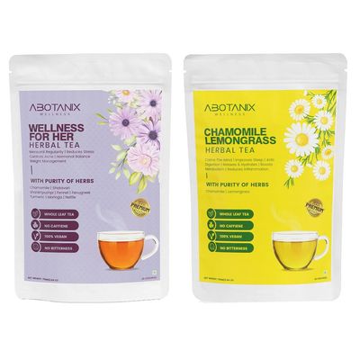 ABOTANIX WELLNESS Herbal Tea Wellness for Her + Chamomile Lemongrass | 75 g Each | Caffeine Free Natural Loose Tea Leaf