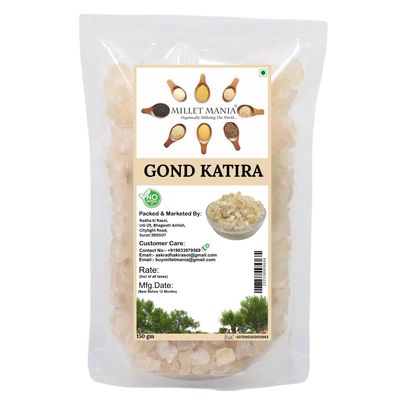 Millet Mania Gond Katira Edible Gum 150g | Premium Sun-Dried Tragacanth Crystals | Natural Body Coolant for Summer | For Falooda, Sharbat, Rose Milk, Ayurveda | Pure & Original