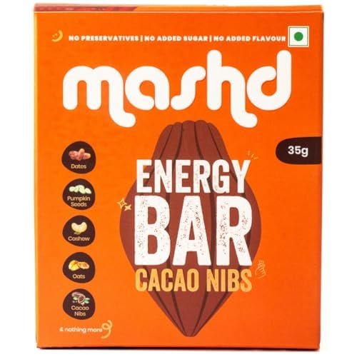Mashd Energy Bars Cacao Nibs Flavour (Pack of 3 x 35g) - 3G Protein Each Bars | High Protein Goodness of Dates,Pumpkin Seeds,Oats, Cacao Nibs | Gluten-Free Snack with No Added Sugar, Preservative-Free