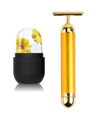 24k Gold Energy Beauty Bar Electric Vibration Facial Massage Roller Waterproof Face Skin Care T-Shaped Anti Wrinkle Massager With Ice Rooller for Forehead Cheek Neck Clavicle Arm (Gold Colour)