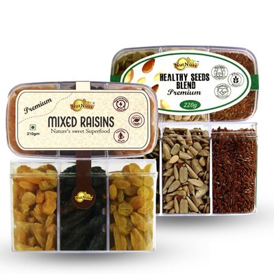 NutNuss Healthy Seed blend and Mixed Raisins Combo Pack| Mix of Pumpkin Seeds+Flax Seeds +Sunflower seeds and Mix of Golden,Black and Green Raisins| 430 G| Healthy snack combo