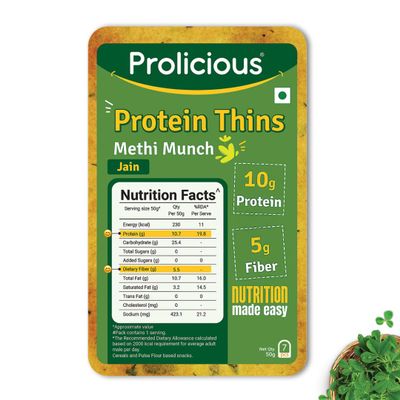 Prolicious High Protein & High Fiber Methi Thins | No Maida | Healthy Snack | Easy to Carry | 50g Single Pack