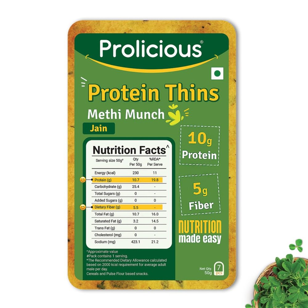 Prolicious High Protein & High Fiber Methi Thins | No Maida | Healthy Snack | Easy to Carry | 50g Single Pack