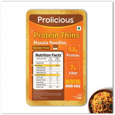 Prolicious Masala Noodles High Protein Thins | NO Palm Oil | Crispy & Nutritious Snack Chips (50g Pack of 1)