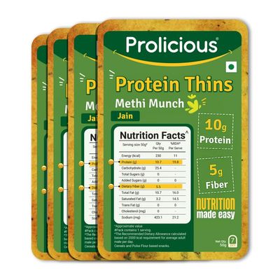 Prolicious Methi Munch High Protein Thins | NO Palm Oil | Crispy & Nutritious Snack Chips (50g Pack of 4)