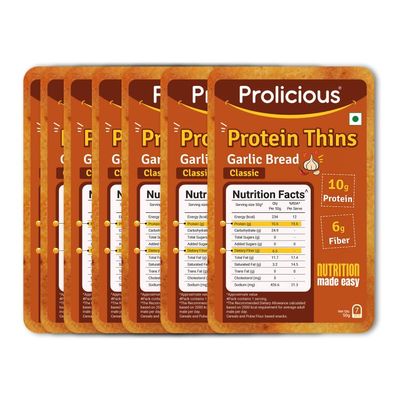 "Prolicious High Protein & High Fiber Garlic Bread thins | No Maida | Healthy Snack | Easy to Carry | 50g eac, Pack of 7"