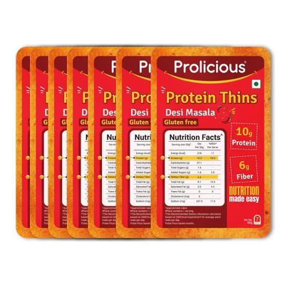 Prolicious High Protein & High Fiber Desi Masala thins | Gluten Free | No Maida | Healthy Snack | Easy to Carry | Jain | 50g each, Pack of 7