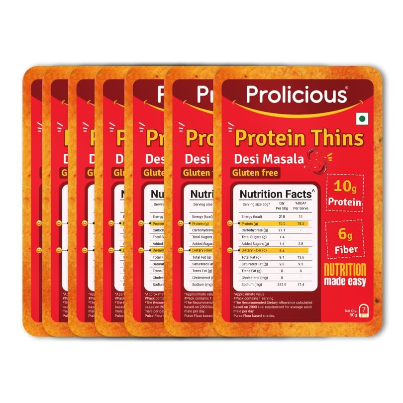 Prolicious High Protein & High Fiber Desi Masala thins | Gluten Free | No Maida | Healthy Snack | Easy to Carry | Jain | 50g each, Pack of 7