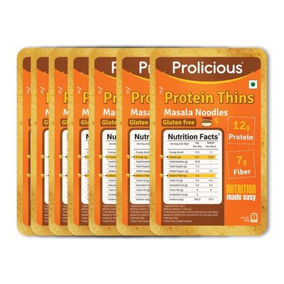 Prolicious High Protein High Fiber Masala Noodle Thins | Gluten Free | Plant Based | Healthy Snacks | Easy to Carry (50g Each, Pack of 7)