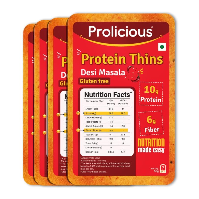 Prolicious Desi Masala High Protein Thins | NO Palm Oil | Crispy & Nutritious Snack Chips (50g Pack of 4)
