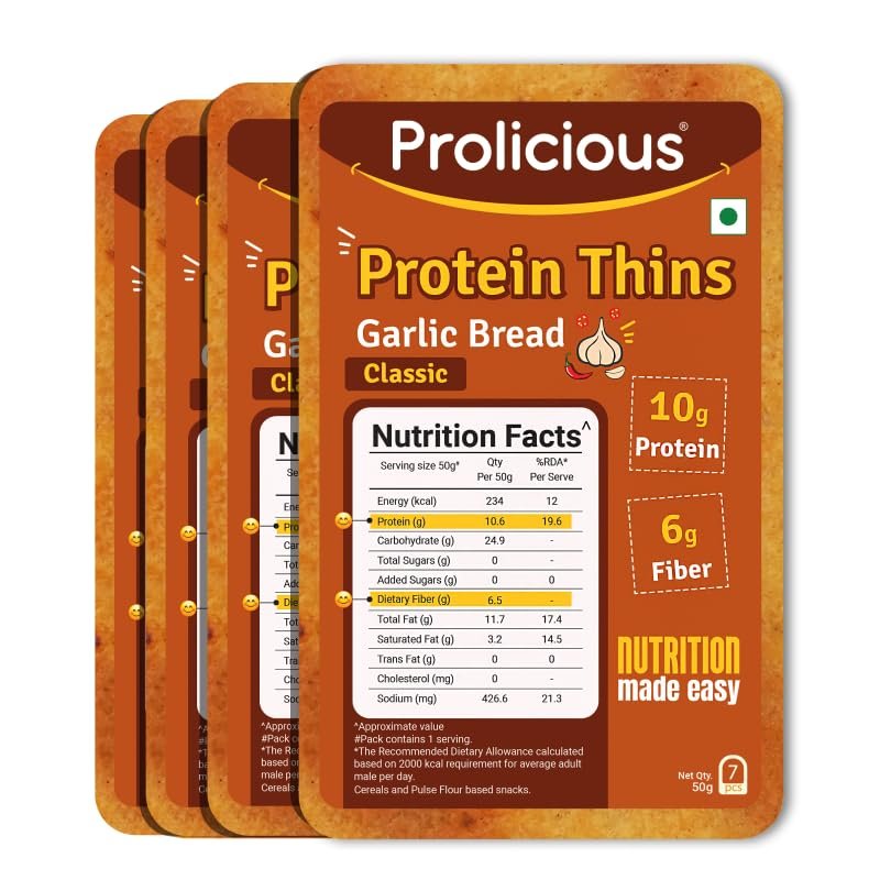 Prolicious High Protein & High Fiber Garlic Bread thins | No Maida | Healthy Snack | Easy to Carry | 50g eac, Pack of 4