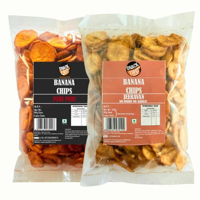 Snack First Banana Chips Jeeravan & Peri peri Flavored Thin Cruchy Crispy Snacks, Pack of 2, Farali Chips, upvaas Snack, 400g (200gx2)