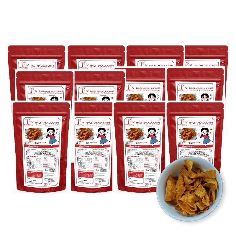 Pueritia Ragi Masala Protein Chips - Millet Chips, Gluten-Free, Healthy Snack - No Palm Oil, No Added Preservatives, No Additives. (Pack of 12-55 gm each)