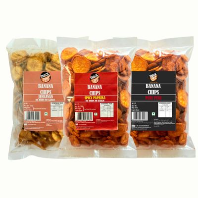 Snack First Banana Chips Jeeravan, Peri Peri & Spicy Paprika Flavored Thin Cruchy Crispy Snacks, Pack of 3, Farali Chips, upvaas Snack, 600 (200gx3)
