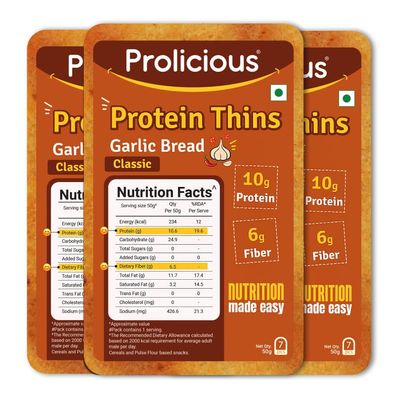 Prolicious Garlic Bread High Protein Thins | NO Palm Oil | Crispy & Nutritious Snack Chips (50g Pack of 3)