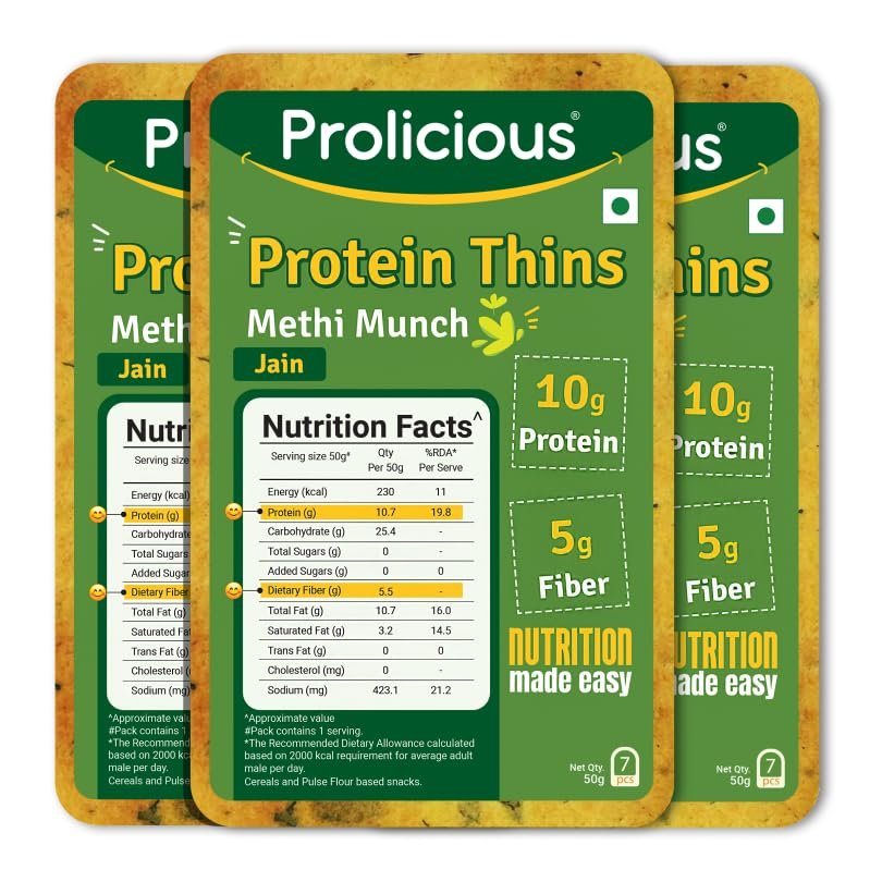 Prolicious Methi Munch High Protein Thins | NO Palm Oil | Crispy & Nutritious Snack Chips (50g Pack of 3)