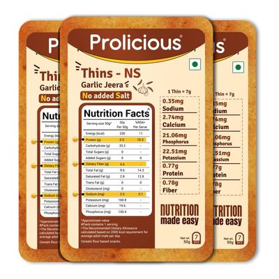 Prolicious Garlic Jeera High Protein Thins - NS | NO Palm Oil | Crispy & Nutritious Snack Chips (50g Pack of 3)