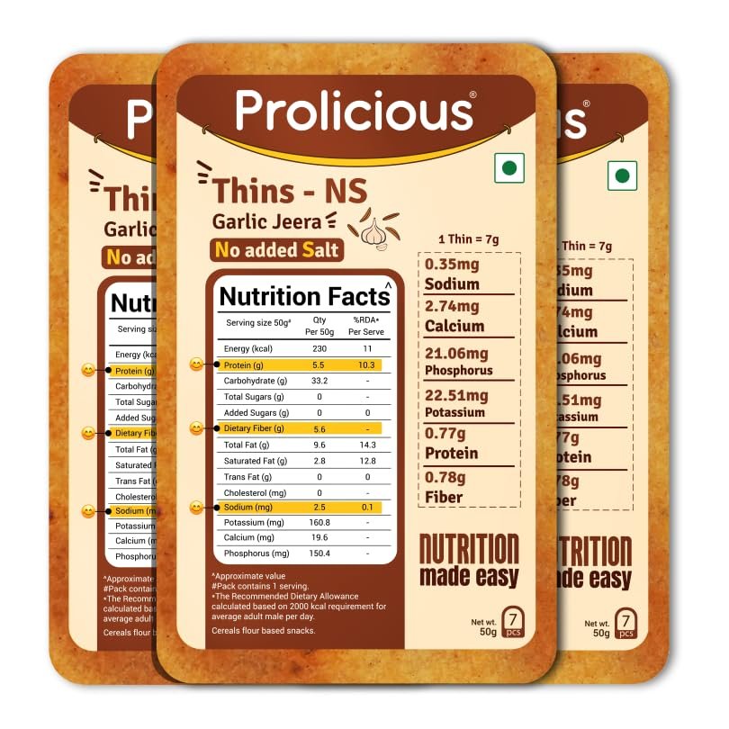 Prolicious Garlic Jeera High Protein Thins - NS | NO Palm Oil | Crispy & Nutritious Snack Chips (50g Pack of 3)