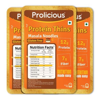 "Prolicious High Protein & High Fiber Masala Noodles thins | Gluten Free | No Maida | Healthy Snack | Easy to Carry | 50g each, Pack of 3"
