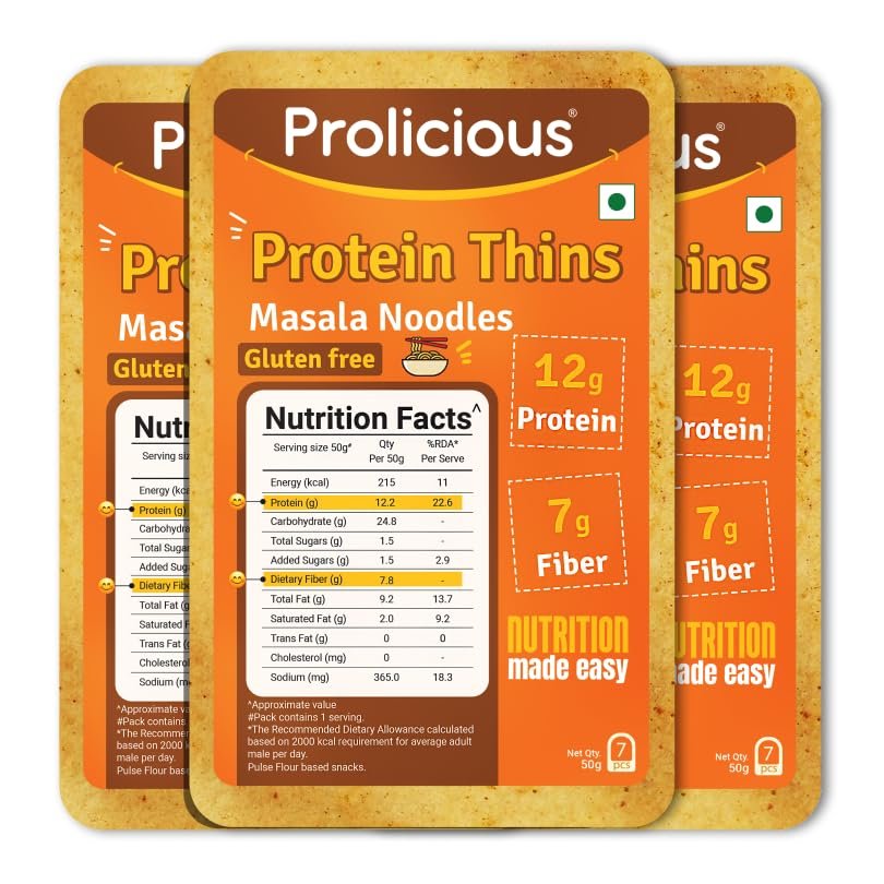 "Prolicious High Protein & High Fiber Masala Noodles thins | Gluten Free | No Maida | Healthy Snack | Easy to Carry | 50g each, Pack of 3"