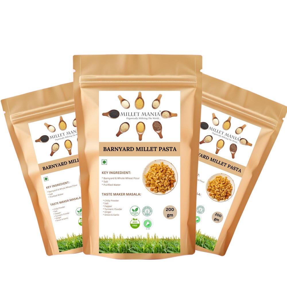 Barnyard Millet Pasta 200g | Whole Wheat & Barnyard Flour | No Maida | High Fiber | With Masala Pack Included | Guilt-Free Snack for Kids, Adults, Fitness & Diet-Friendly Meals | Quick & Tasty Millet Pasta (Pack of 3)