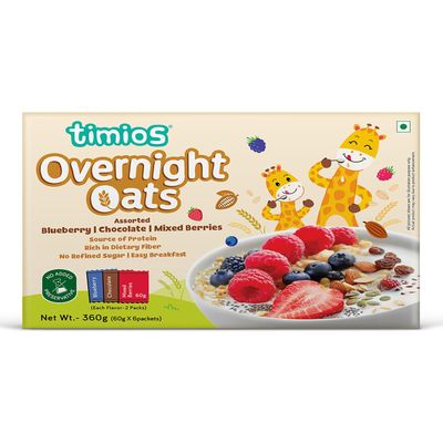 Timios High in Protein Overnight Oats, Healthy Oatmeal Breakfast, 2 Blueberry, 2 Chocolate&2 Mixed Berries Flavour, High in Dietary Fiber&Calcium, Oats With Chia Seeds, Dry Fruits&Nuts, Pack of 6-360g