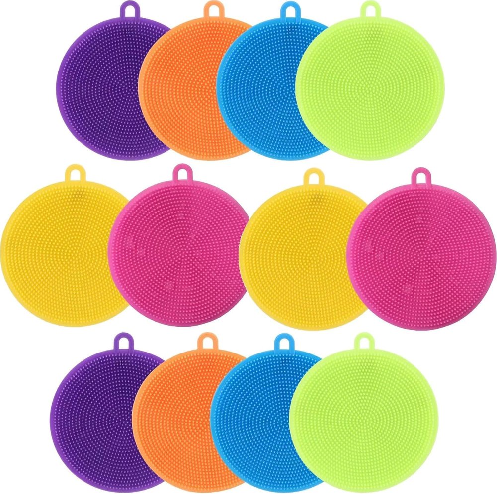 Harrods Silicone Dish Scrubber, 12 Pack - Food Grade, BPA Free, Reusable Rubber Sponges for Kitchen Cleaning, Dishes, Fruits & Vegetables, Dishwasher Safe & Dry Fast