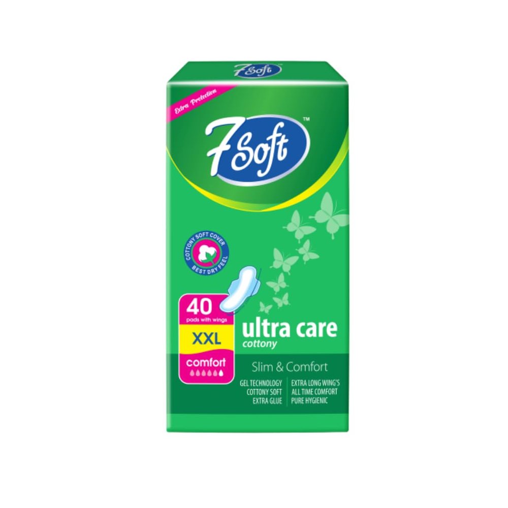 7 Soft Ultra Cottony Care Sanitary Pads XXL (320mm) Pack of 40 Pads with Wings | Cotton Soft Cover | Gel Technology | Slim & Comfortable | Day & Night Leak Protection