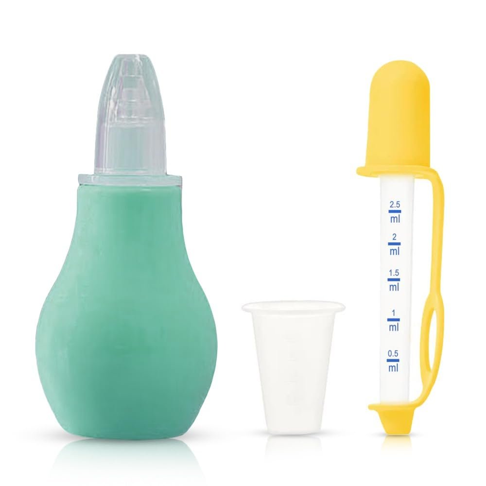 Hopop Baby Nose Cleaner/Nasal Aspirator & Baby Medicine Syringe Dropper Dispenser | Silicone Nozzle | Squeezable Pump | BPA Free | 0+ Months | Yellow & Green