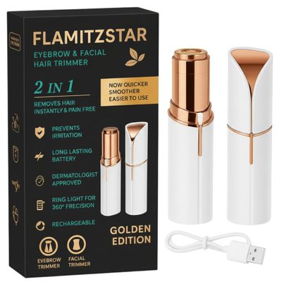 Facial Hair Remover for Women - FlamitzStar Portable Mini Painfree Face Shaver for Chin, Cheeks, Eyebrow, Upper Lip, Armpits, Bikini, Gentle Touch, Lipstick Design Razor, Face Epilator Trimmer for Women - Golden Edition All Skin Types