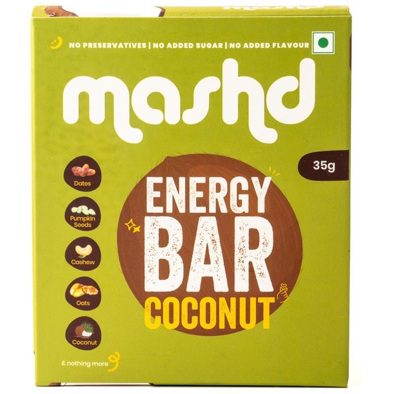 Mashd Energy Bars Coconut Flavour (Pack of 3 x 35g) - 5G Protein Each Bars |High Protein Goodness of Dates,Pumpkin Seeds,Oats, Cocoa Powder| Gluten-Free Snack with No Added Sugar, Preservative-Free
