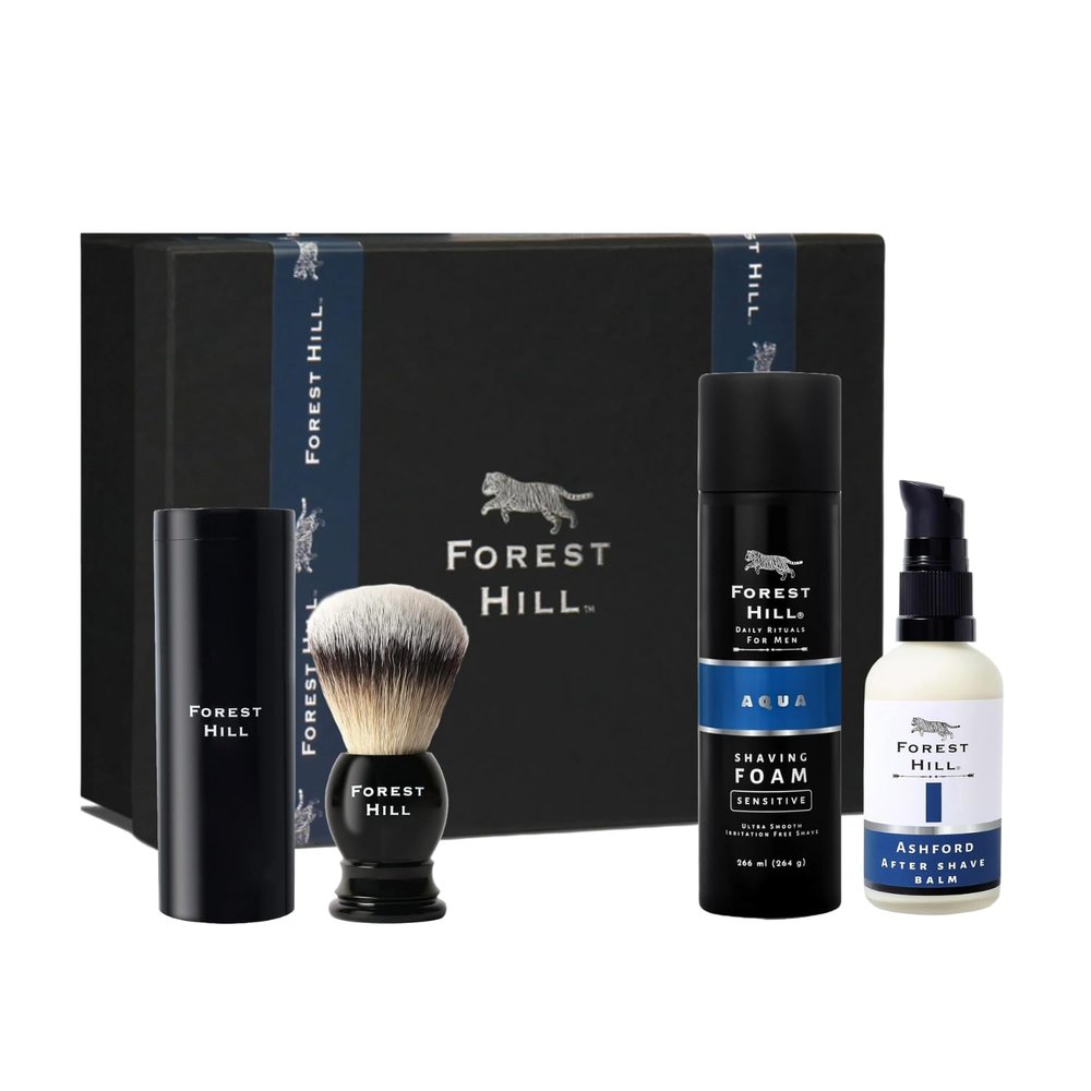 Forest Hill Men Grooming Gift Set Hamper, Pack of 3 Luxury Shaving Kit, Post Shave Balm 100ml, Aqua Shaving Foam 266ml and Easy Grip Soft Hair Black Shaving Brush With Holder, Ideal For Personal and Professional Salon