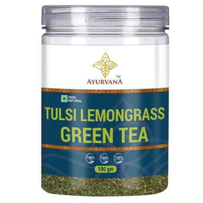 Ayurvana Tulsi Lemongrass Green Tea, Antioxidant Properties with Soothing & Refreshing Taste, Tulsi Grean Tea, Herbal Tea for Men, Women, No Preservatives, 100g