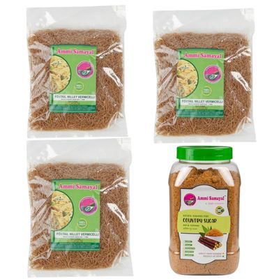Ammi Samayal Foxtail Millet Vermicelli (Semia) with Country Sugar 1Kg Bottle | Rich in Dietary Fiber & Calcium | Premium Organic Gud Powder | South Indian Tasty Sevai | Combo Pack of 4 & Pack of 3 | 250g Each