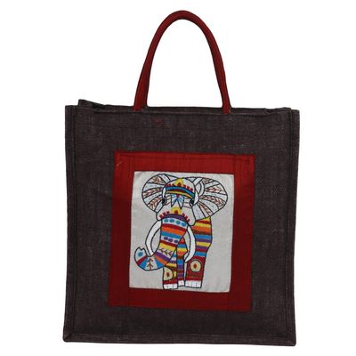 Indha Eco-Friendly Reusable Jute Bag  Multipurpose Tote for Gifts, Groceries, Lunch | Sturdy Handle with Zipper Lock (Coffee Colour Elephant Embroidery, 12X12)