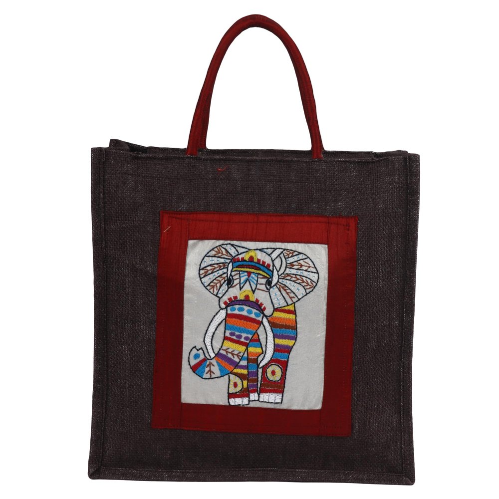 Indha Eco-Friendly Reusable Jute Bag  Multipurpose Tote for Gifts, Groceries, Lunch | Sturdy Handle with Zipper Lock (Coffee Colour Elephant Embroidery, 12X12)