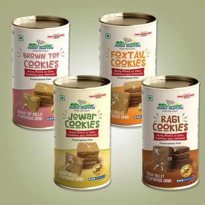 Millet Marvels - Millet Cookies Pack of 4 | Ragi, Jowar, Brown Top, Foxtail | Wholesome Millet Biscuits | Healthy Snack for All Ages | 150g Each