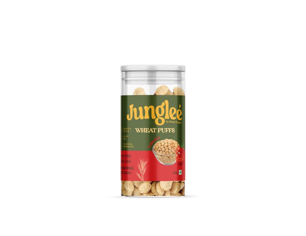 Arham Organic Jungle Wheat Tomato Flavoured Puffs 60g | Roasted with Olive Oil | High Fiber & Crunchy Snack | No Palm Oil | No Preservatives | Healthy Baked Snack (Pack of 1)