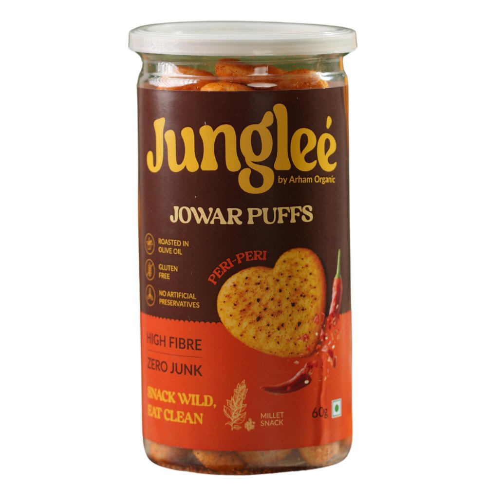 Arham Organic 60Gm Jungle Jowar Peri Peri Puffs | Roasted with Olive Oil | No Palm Oil or Preservatives | Gluten Free | High Fiber Snack (Pack of 1)