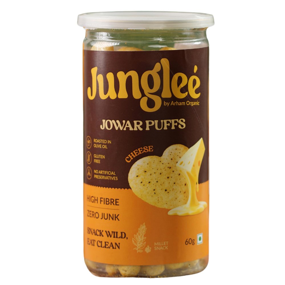 Arham Organic Jungle Jowar Cheese Puffs 60g  Gluten-Free, High Fiber, Roasted with Olive Oil | No Palm Oil, No Preservatives | Healthy Crunchy Snack for Kids & Adults