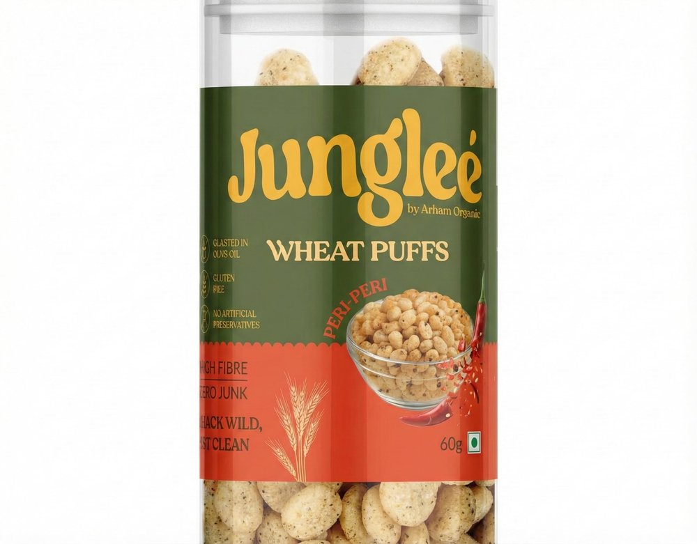 Arham Organic Jungle Wheat Peri Peri Puffs 60g  Healthy Baked Snack, High Fiber, Roasted with Olive Oil, Crunchy & Spicy | No Palm Oil, No Preservatives | Kids & Adults Snack